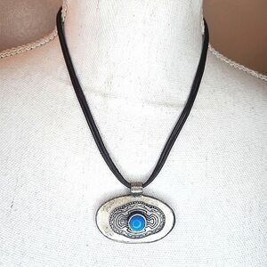 Chicos Silver Necklace Turquoise  Bead Oval Pendant Chain 16” Adjustable Vintage